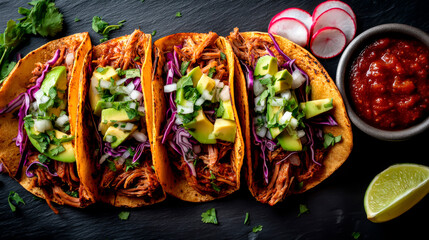 Taco Tuesday Banner: Juicy Tacos with Salsa and Radishes, Panorama
