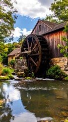 Rustic watermill reflected in calm stream