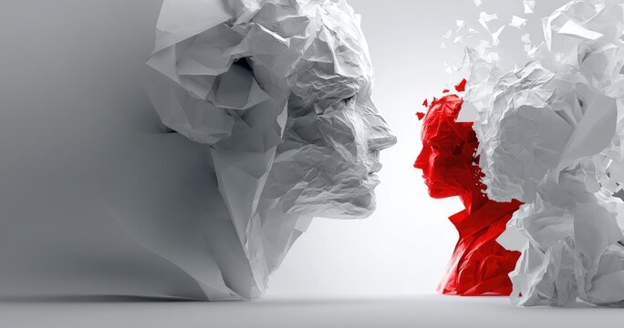 Two abstract faces, one white, one red, in a geometric, crumpled style