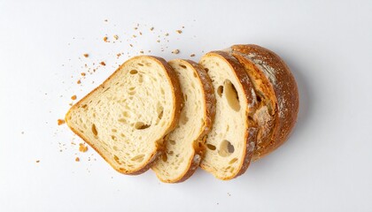 Sliced artisanal sourdough bread with a golden crust and airy crumb, presented on a clean white background.