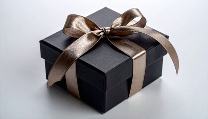 Elegant black gift box adorned with a gold ribbon, ready for presentation.