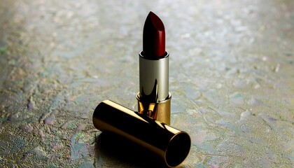 A close-up shot of a lipstick, one open, one closed, on a textured surface.