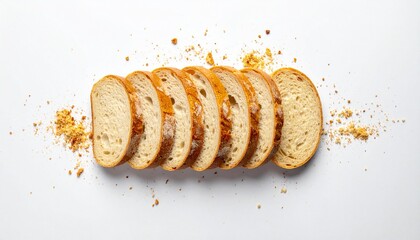 Sliced loaf of bread arranged on a white surface with scattered crumbs, showcasing its texture and golden crust.