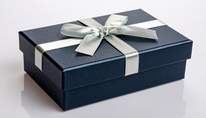 Dark navy blue gift box with a silver ribbon and bow, presented on a plain white surface.