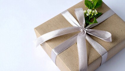 A beautifully wrapped gift box adorned with a delicate silver ribbon and sprig of white flowers.