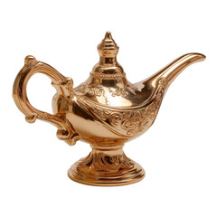 Fototapeta premium Decorative brass lamp with intricate design displayed on a wooden table in a cozy living room setting