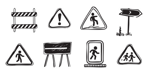 Road signs and warning symbols hand drawn doodle collection vector illustration
