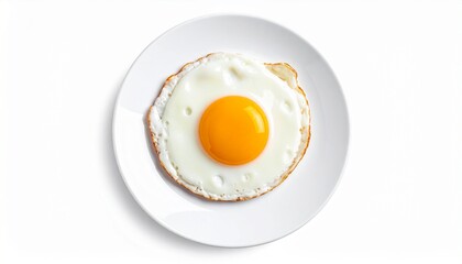 Overhead view of a perfectly cooked fried egg on a white plate, isolated.
