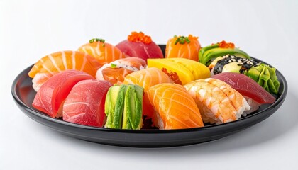 A variety of colorful and appetizing sushi nigiri pieces are arranged on a black plate, showcasing different types of fish and toppings against a white background.