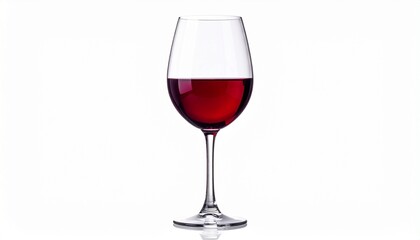 Clear wine glass filled with red wine against a white background.