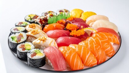 A large platter of assorted sushi, including nigiri and maki, artfully arranged for a feast.