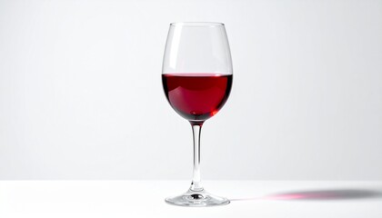 A single glass of rich red wine sits on a white surface, its deep color reflecting the light against a clean, bright background, suggesting a moment of refined enjoyment.
