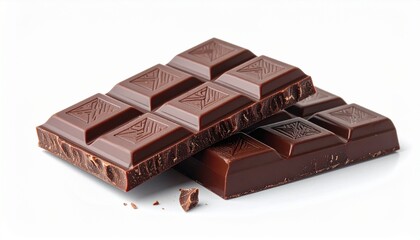 Two bars of dark chocolate, one partially broken, against a white background.