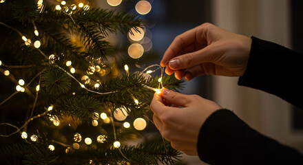 Close-up of hands decorating a Christmas tree with lights.