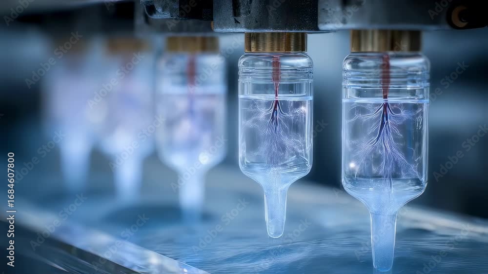 Poster Focused medium perspective of perfusion media entering an organonchip model via micropumps highlighting fluid dynamics with indistinct background conveying advanced disease