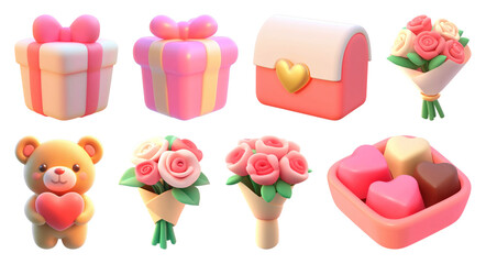 Fototapeta premium PNG Cute pastel gifts and flowers, element set on transparent background