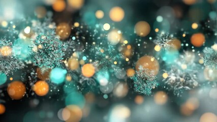 Abstract winter scene with teal and muted snowflakes and bokeh lights - Powered by Adobe