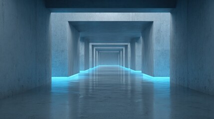 Fototapeta premium Modern Abstract Corridor with Neon Blue Light and Concrete Walls