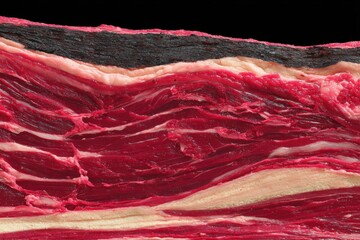 Close-Up of Raw Meat Showing Intricate Fat and Muscle Texture Details