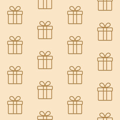 Seamless minimalist pattern with golden outline icons of gift boxes on beige background, elegant design for luxury packaging or holiday promotions.