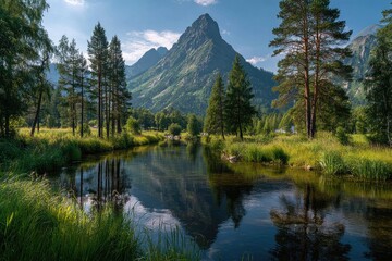 Mountain stream reflecting peaks, lush forest