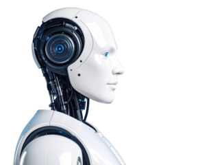 Futuristic Humanoid Robot in Profile View on Blue Background for Technology and AI Concept