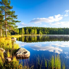 Serene lake nestled amidst a vibrant forest, showcasing a mirrored sky and tranquil morning light.