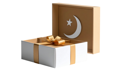 Islamic Gift Box with Crescent Moon and Star, Wrapped with Ribbon on White Background
