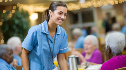 Cheerful caregiver in blue uniform provides attentive care to elderly individuals during daily meal at warm and welcoming home environment