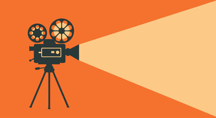 A vintage movie camera silhouette projects a warm beam of light against an orange background, symbolizing the timeless magic of cinematic storytelling.