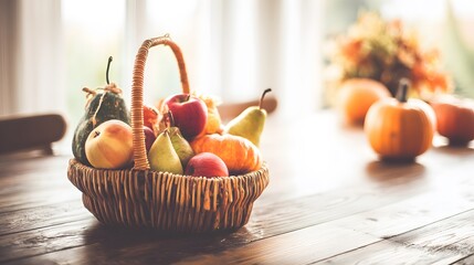 Harvest season fruit basket arrangement cozy kitchen still life photography warm lighting aesthetic appeal