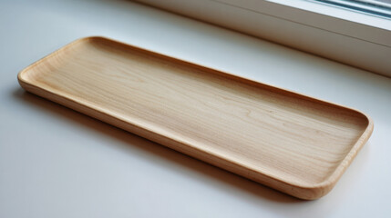 Fototapeta premium Rectangular wooden serving tray with smooth natural finish placed by window light