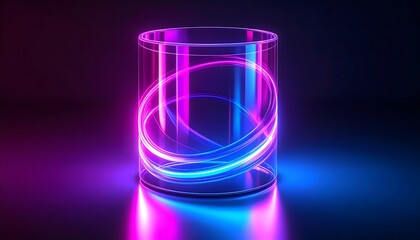Luminous cylinder with swirling neon lights on a dark reflective surface
