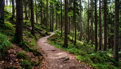 Obraz premium A winding trail through a lush, mossy forest, bathed in dappled sunlight, showcasing tall trees and the natural beauty of the woods.