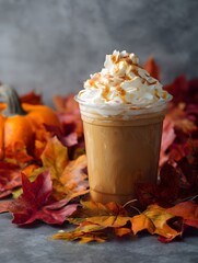 Savoring autumn's essence close-up of pumpkin spice drink rustic kitchen cozy food photography seasonal delight