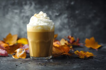 Warm coffee drink topped with whipped cream and autumn leaves cozy indoor setting atmospheric view
