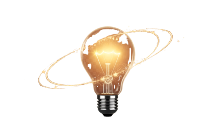 Glowing light bulb with orbiting light streaks isolated PNG with Transparent Background