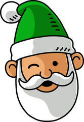 Vector Cartoon Hand Drawn Winking Happy Santa Head With Green Hat