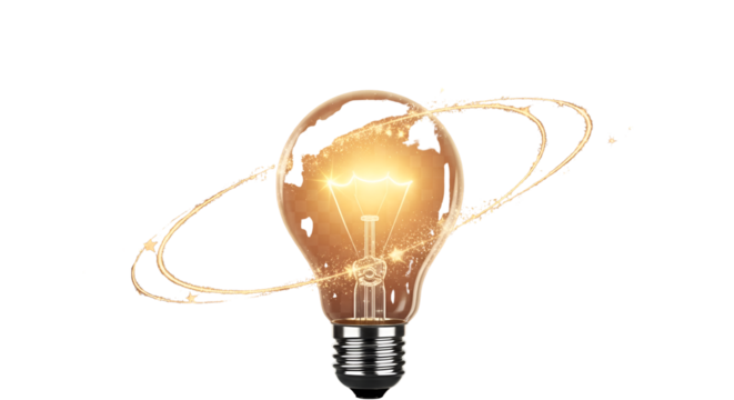 Glowing light bulb with orbiting light streaks isolated PNG with Transparent Background