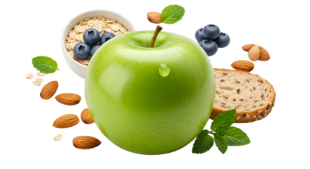Green apple surrounded by a bowl of oats with blueberries, almonds, bread and mint leaves isolated PNG with Transparent Background