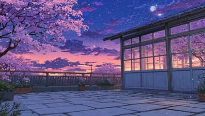 Serene twilight scene; cherry blossoms, a gazebo, and a stone patio