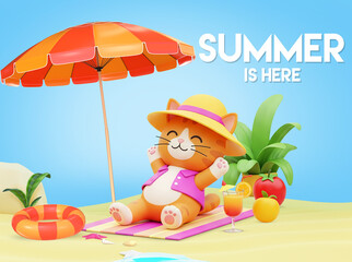 Hello Summer background with 3D cute cartoon cat relaxing on the beach with summer accessories