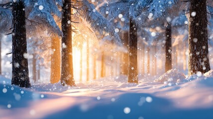 Golden Sunset Over Snowy Pine Forest