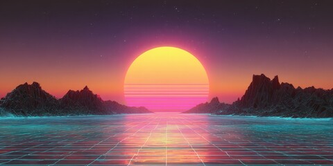 Synth Wave Sunset. Retro Futuristic Neon Background with 80s Style Design and Abstract Grid Light