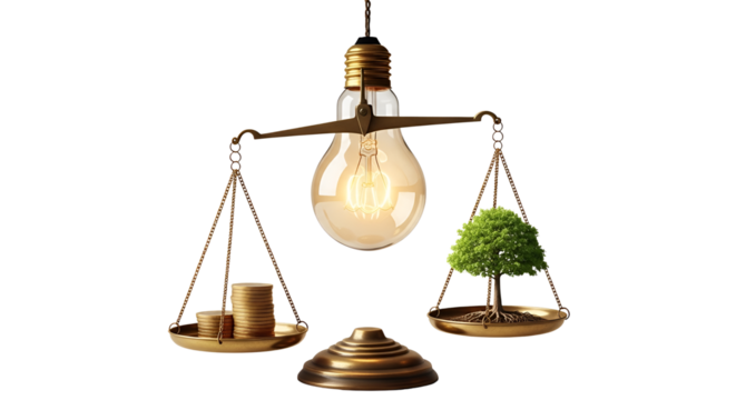 Energy efficient light bulb with green tree on scales isolated PNG with Transparent Background