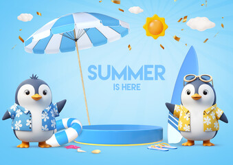 Summer podium background with 3D cute cartoon penguins with summer accessories for product placement