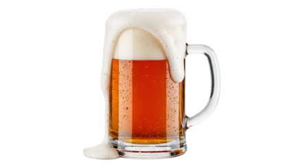 Glass mug of light beer with overflowing foam isolated PNG with Transparent Background