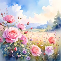 A serene landscape filled with a vibrant array of pink roses, surrounded by wildflowers and a gentle hillside, bathed in soft sunlight and pastel hues.