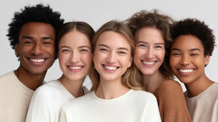 Diverse young friends with glowing clear skin smiling together closely.