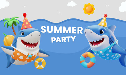 Summer Party background with 3D cartoon cute sharks with party hats and swim rings